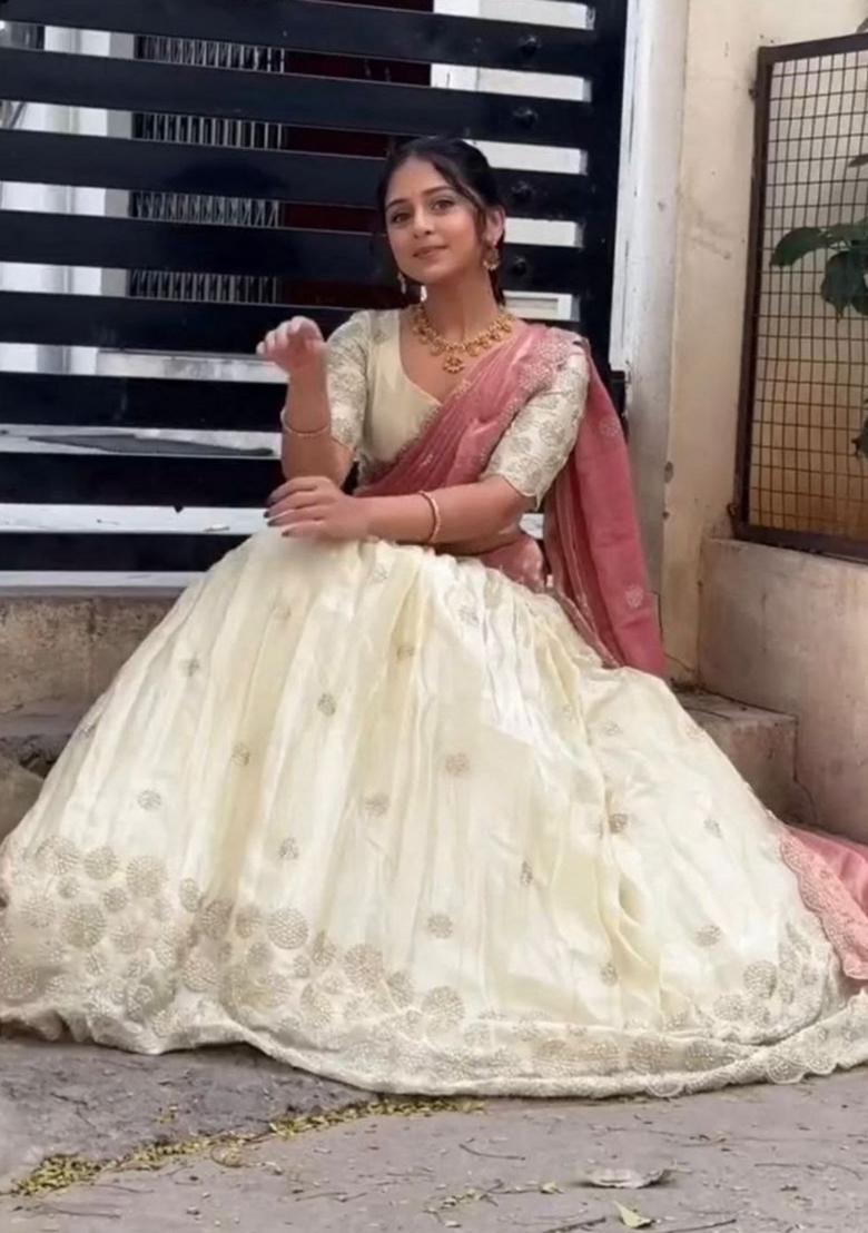 White And Pick Sequin Work Chinon Lehenga Set - Indya