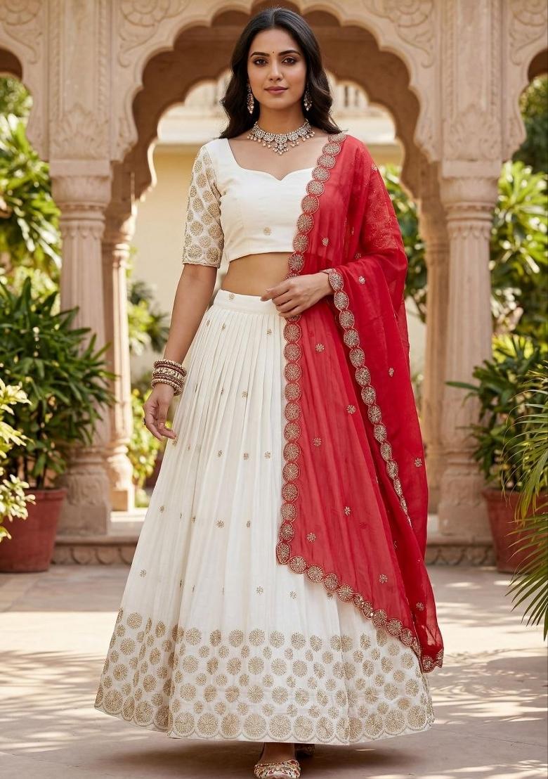 White And Red Sequin Work Chinon Lehenga Set - Indya