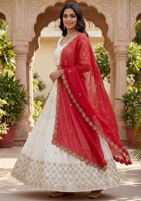 White And Red Sequin Work Chinon Lehenga Set
