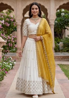 White And Yellow Sequin Work Chinon Lehenga Set