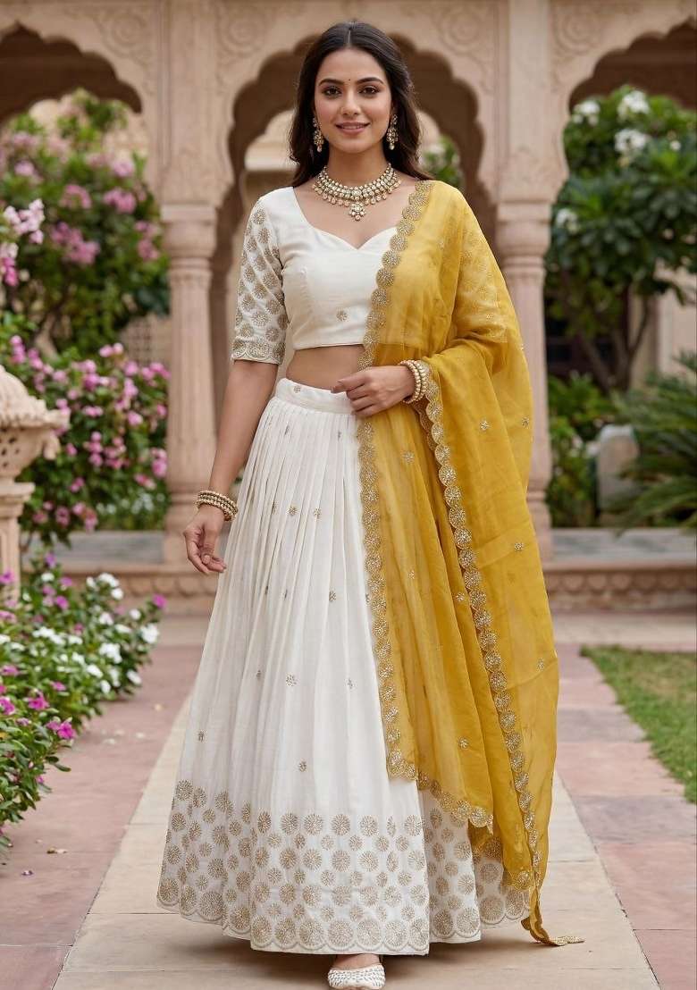 White And Yellow Sequin Work Chinon Lehenga Set - Indya