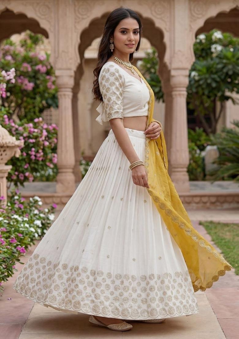 White And Yellow Sequin Work Chinon Lehenga Set - Indya