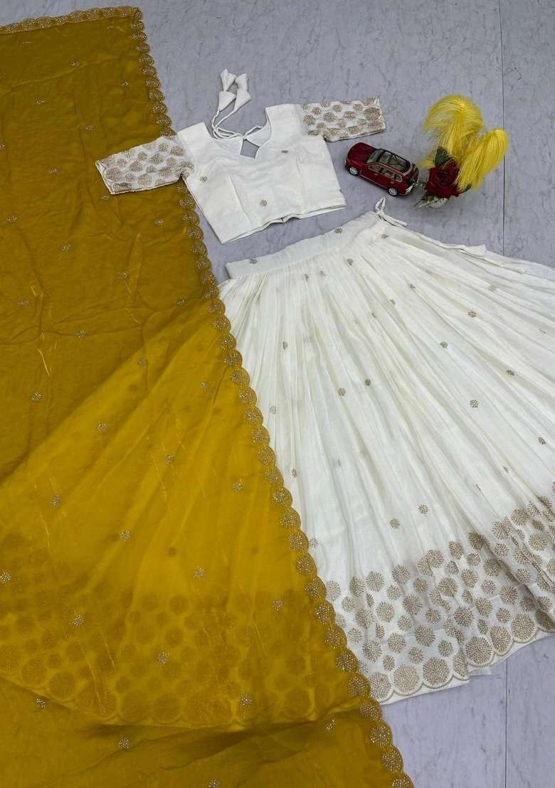 White And Yellow Sequin Work Chinon Lehenga Set - Indya