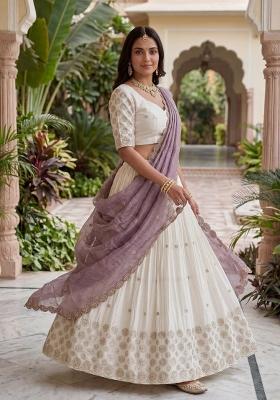 White And Purple Sequin Work Chinon Lehenga Set
