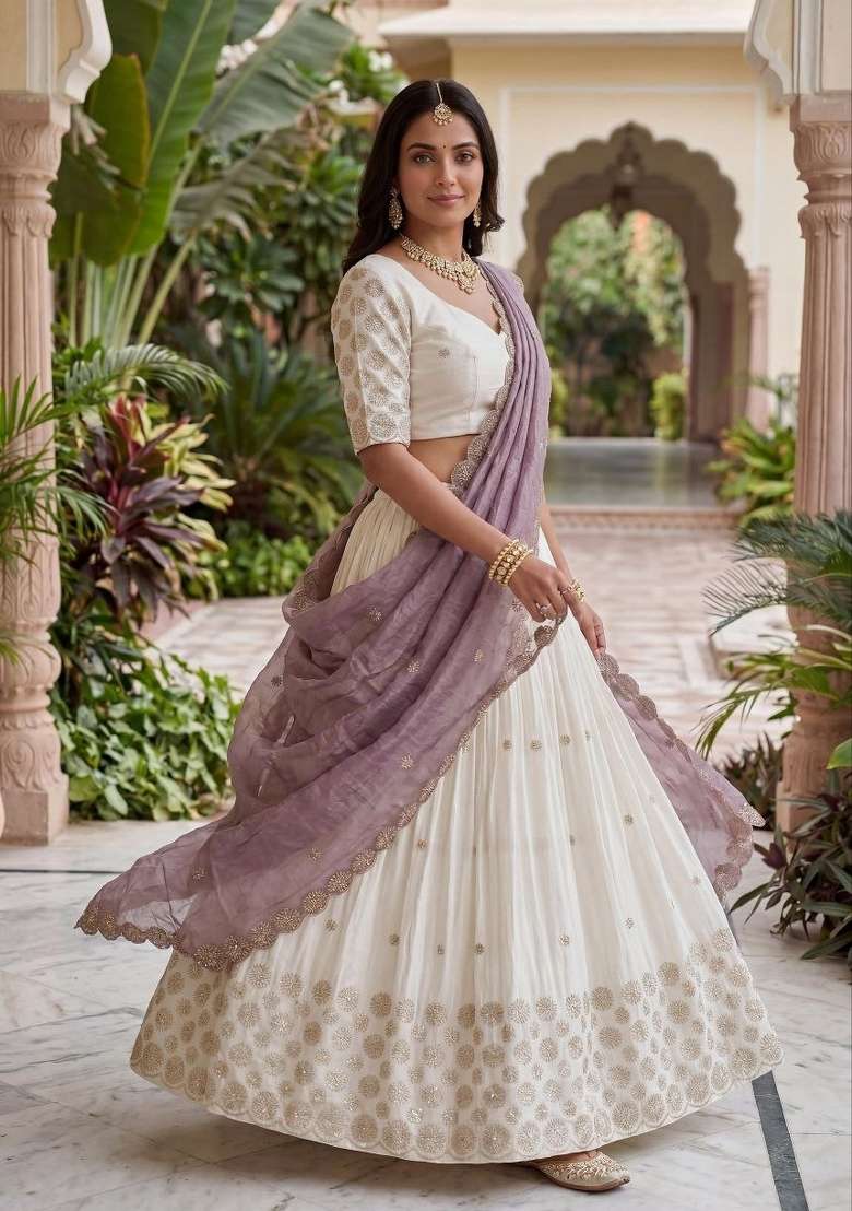 White And Purple Sequin Work Chinon Lehenga Set - Indya
