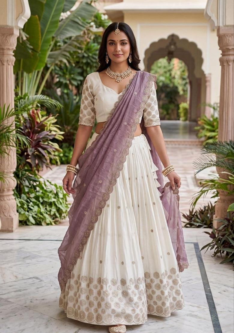 White And Purple Sequin Work Chinon Lehenga Set - Indya