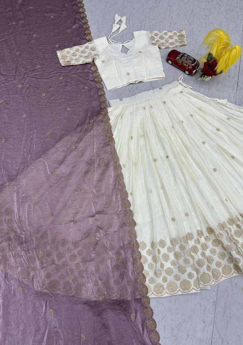 White And Purple Sequin Work Chinon Lehenga Set - Indya