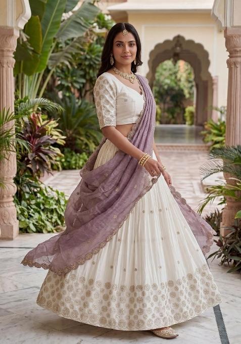 White And Purple Sequin Work Chinon Lehenga Set