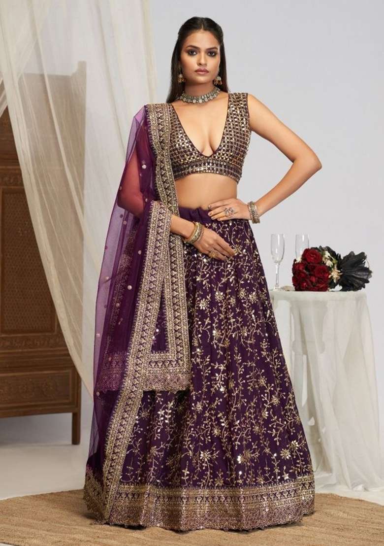 Purple Sequin Work Georgette Lehenga Set for Diwali and Festive Wear - Indya