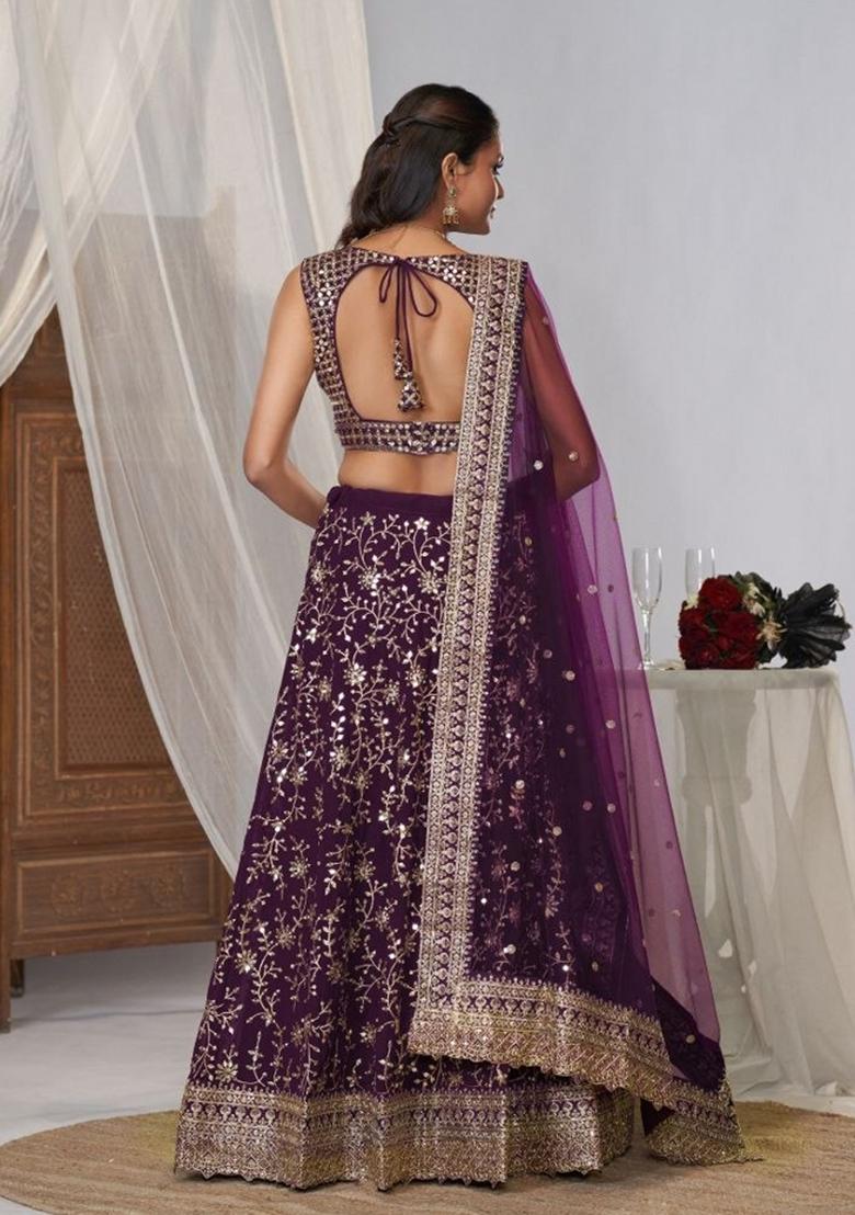 Purple Sequin Work Georgette Lehenga Set - Indya