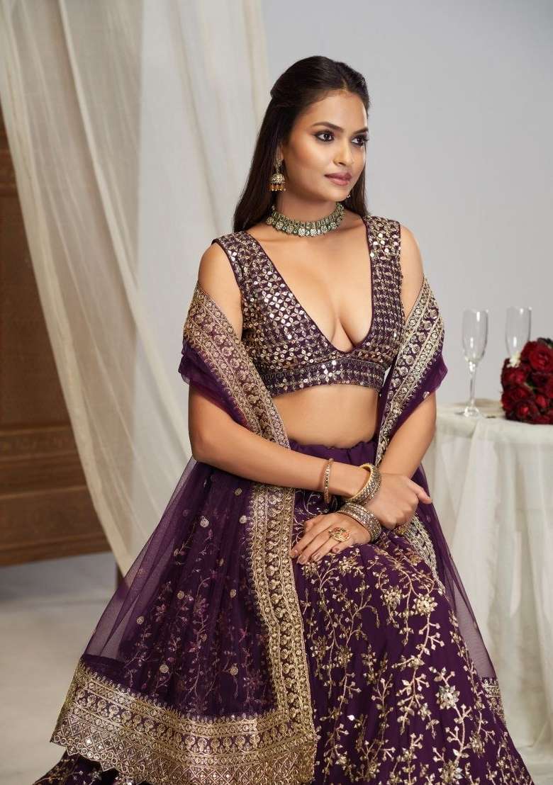 Purple Sequin Work Georgette Lehenga Set for Diwali and Festive Wear - Indya