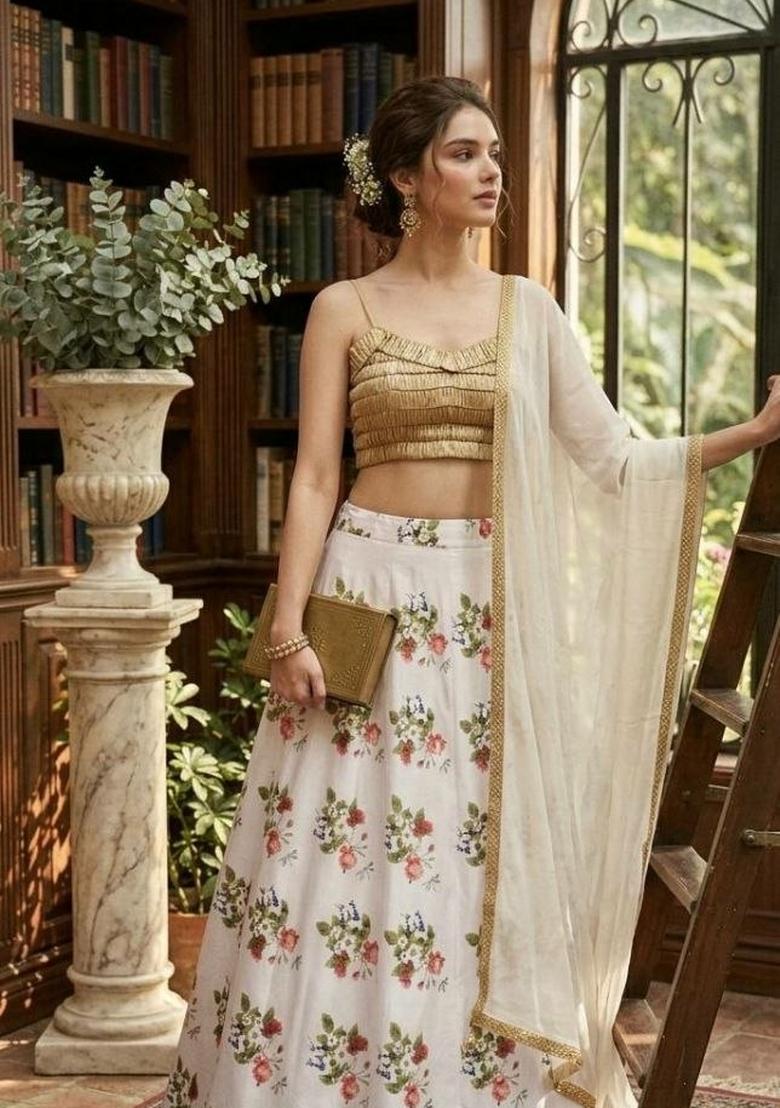 White Banarasi Silk Lehenga Set - Indya