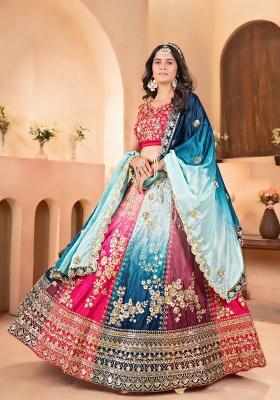 Red Sequin Work Chinon Lehenga Set