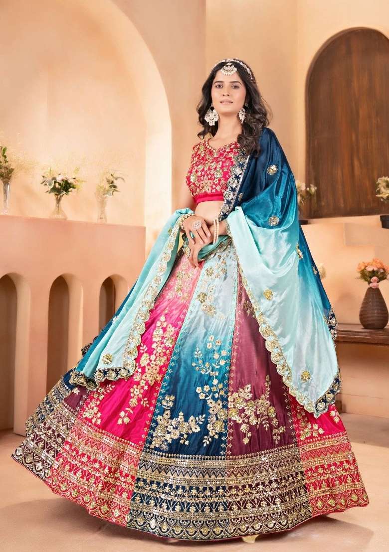 Red Sequin Work Chinon Lehenga Set for Diwali and Festive Wear - Indya