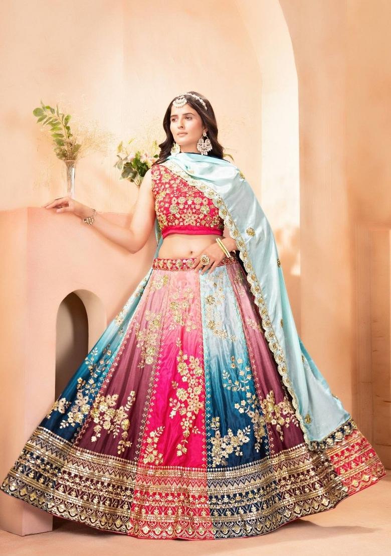 Red Sequin Work Chinon Lehenga Set - Indya
