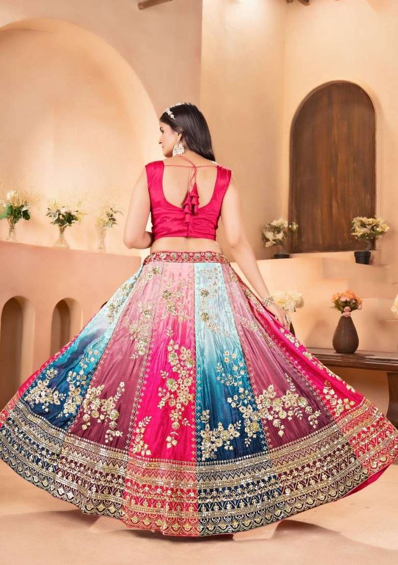 Red Sequin Work Chinon Lehenga Set for Diwali and Festive Wear - Indya