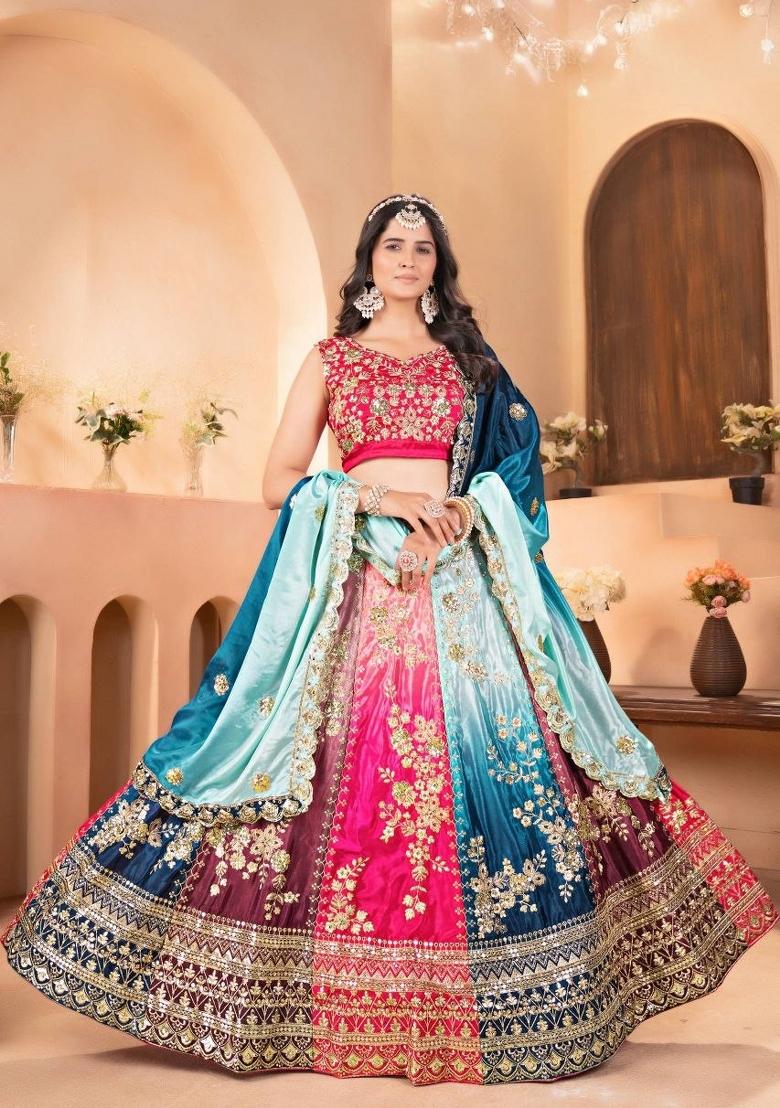 Red Sequin Work Chinon Lehenga Set - Indya