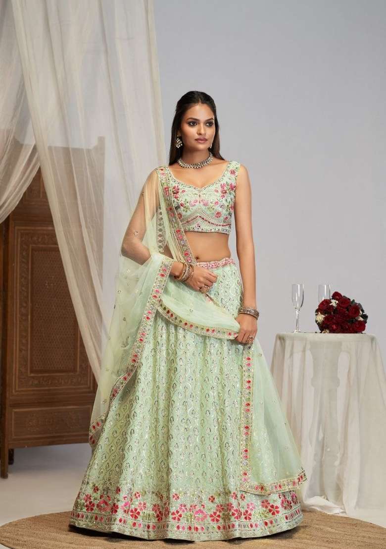 Green Sequin Work Georgette Lehenga Set for Diwali and Festive Wear - Indya