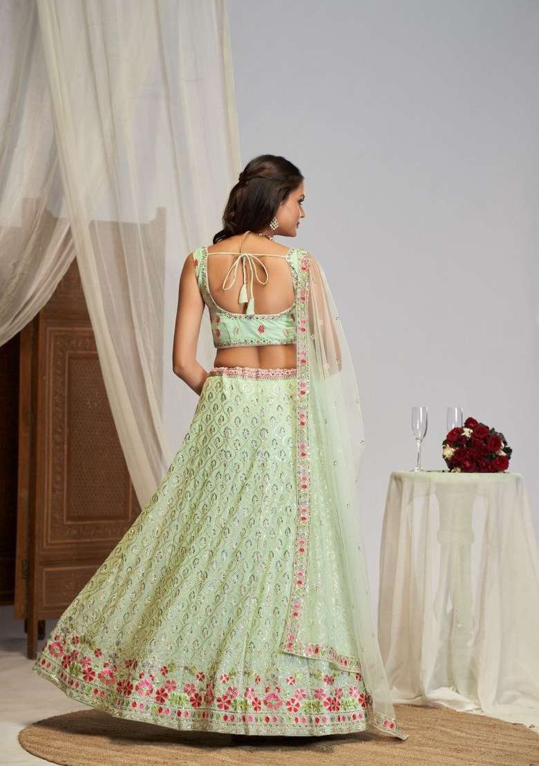 Green Sequin Work Georgette Lehenga Set for Diwali and Festive Wear - Indya