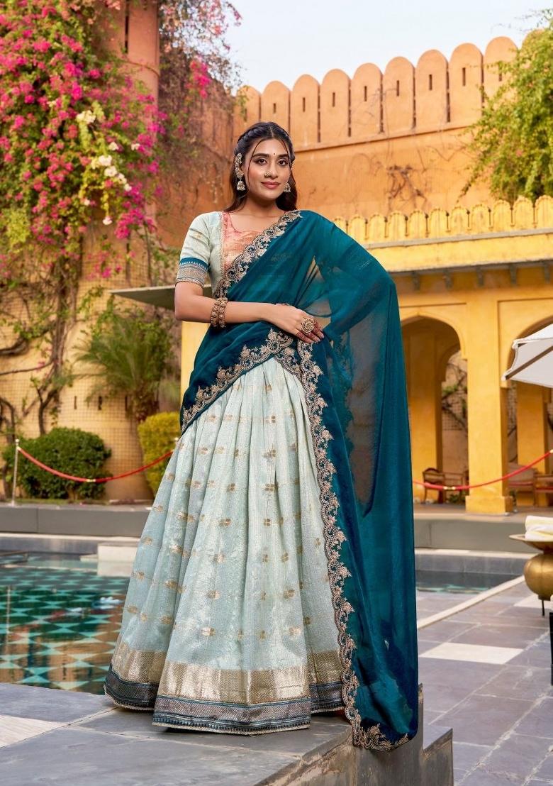 Blue Zari Work Slub Kota Lehenga Set - Indya