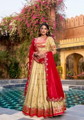 Yellow Zari Work Slub Kota Lehenga Set