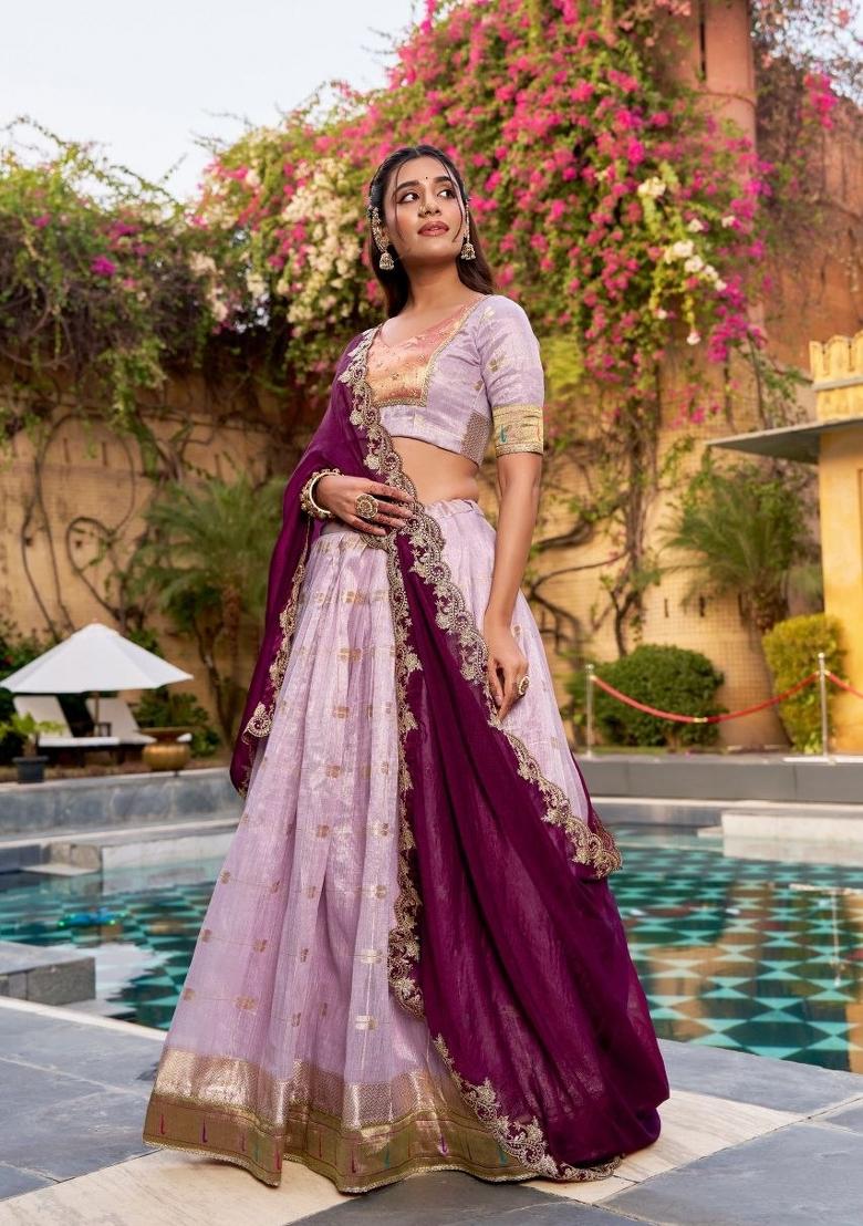 Purple Zari Work Slub Kota Lehenga Set - Indya