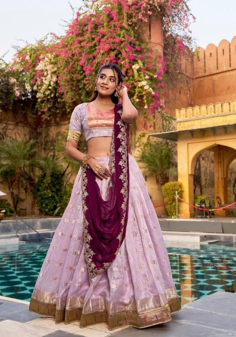 Purple Zari Work Slub Kota Lehenga Set