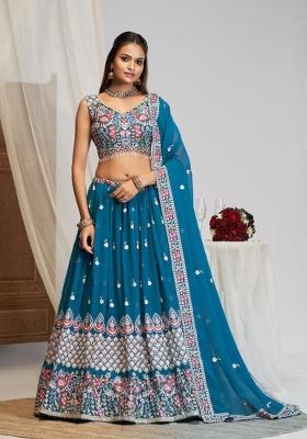 Blue Sequin Work Faux Goergette Lehenga Set