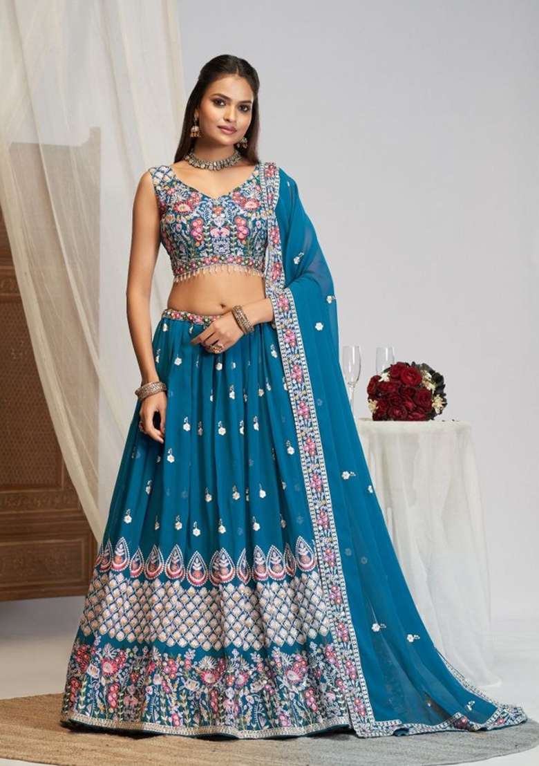 Blue Work Faux Georgette Lehenga Set with Sequin for Diwali | Wedding & Festive Wear - Indya