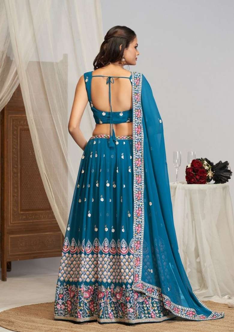 Blue Work Faux Georgette Lehenga Set with Sequin for Diwali | Wedding & Festive Wear - Indya