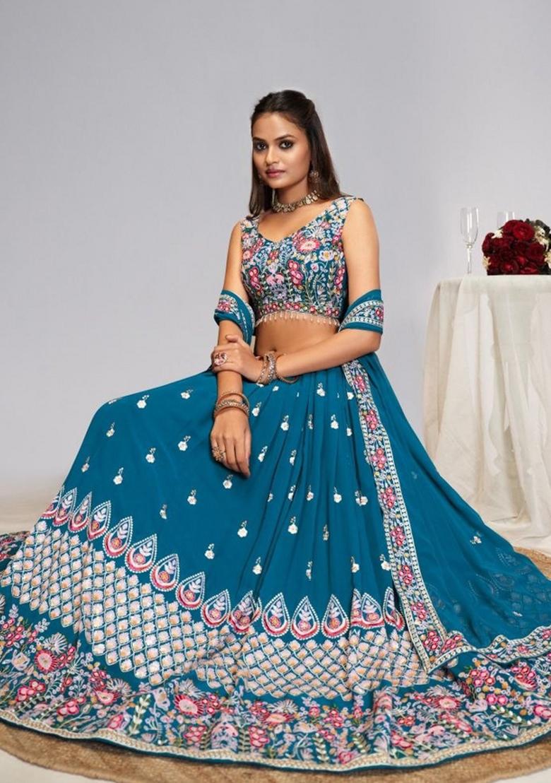 Blue Sequin Work Faux Goergette Lehenga Set - Indya