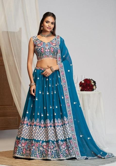 Blue Sequin Work Faux Goergette Lehenga Set