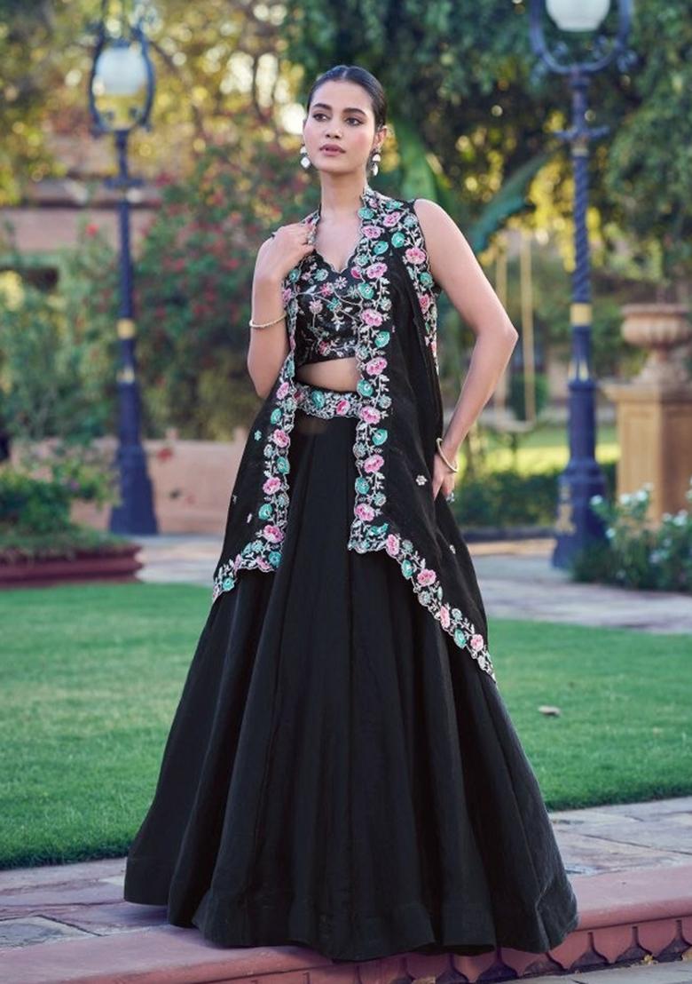 Black Sequin Work Silk Lehenga Set - Indya