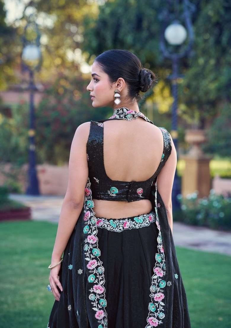 Black Work Silk Lehenga Set with Sequin for Diwali | Wedding & Festive Wear - Indya