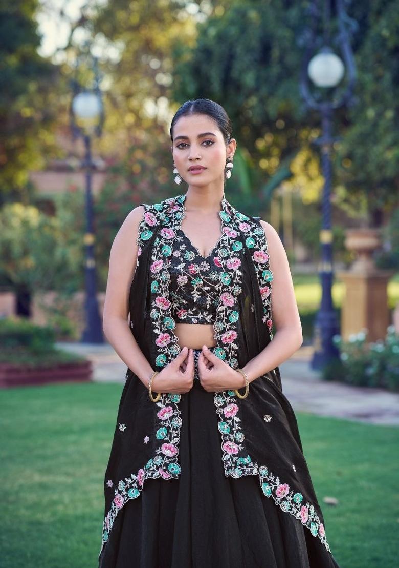 Black Sequin Work Silk Lehenga Set - Indya