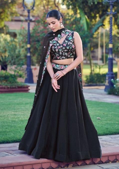 Black Sequin Work Silk Lehenga Set
