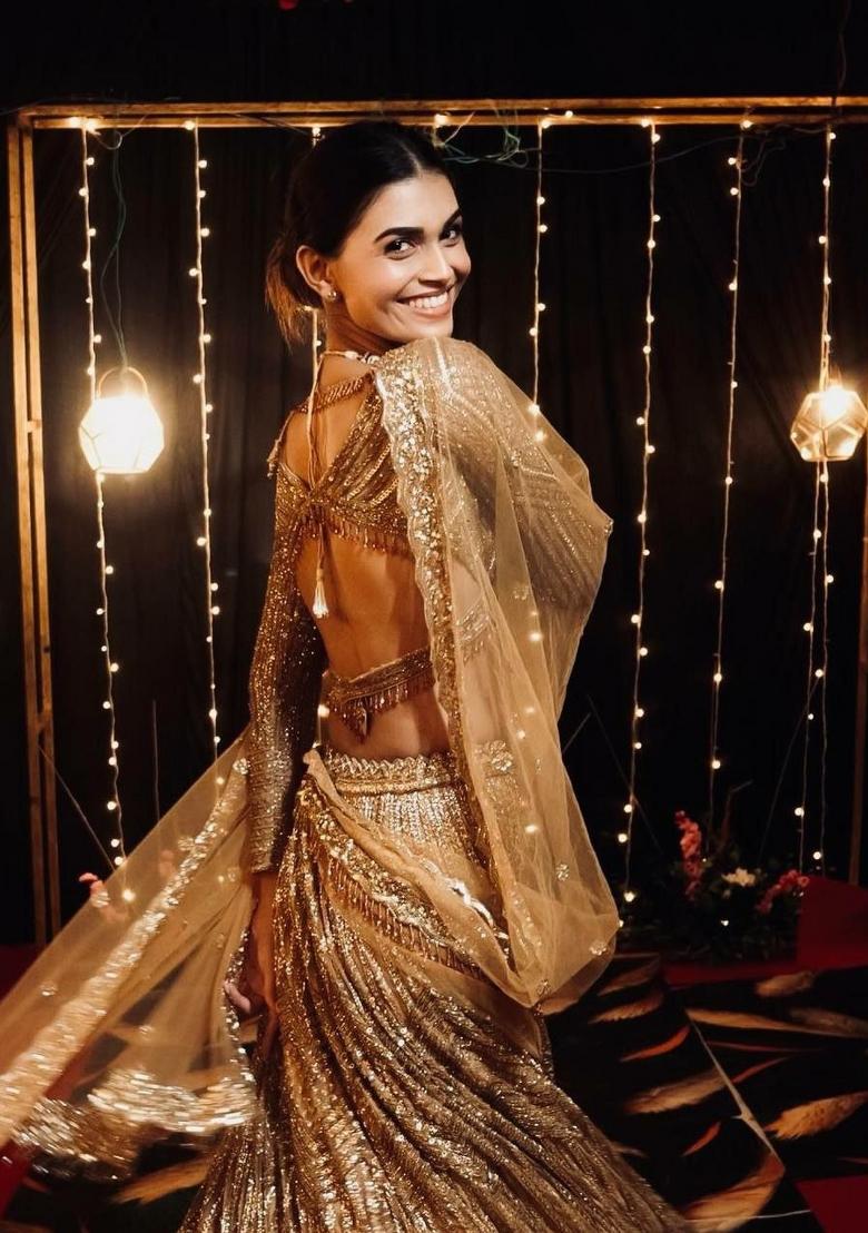 Golden Sequin Work Georgette Lehenga Set - Indya