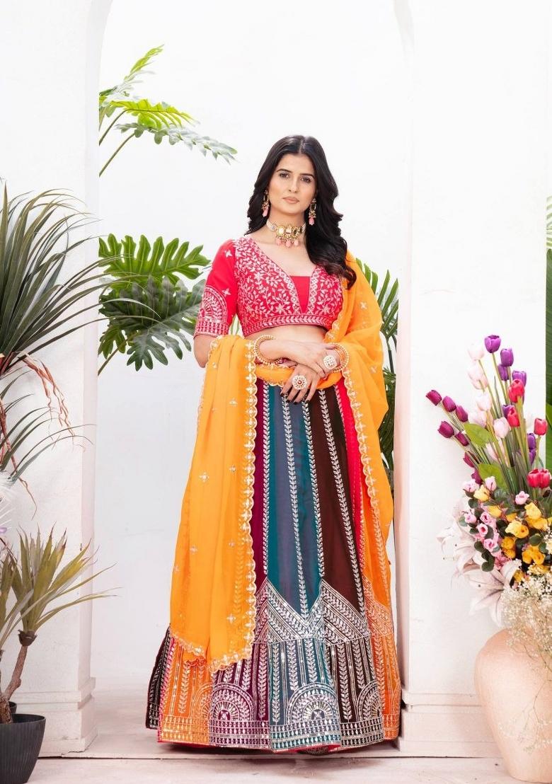 Multicolor Sequin Work Georgette Lehenga Set - Indya