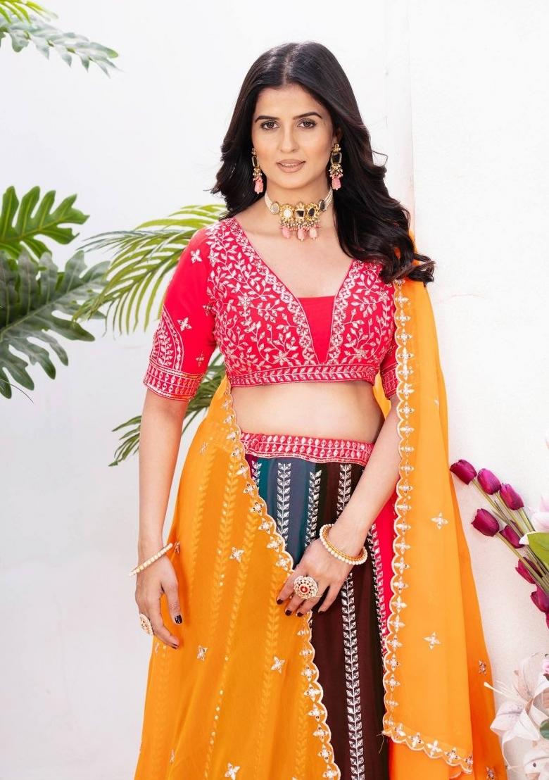 Multicolor Sequin Work Georgette Lehenga Set - Indya
