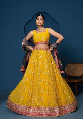 Yellow Sequin Work Georgette Lehenga Set