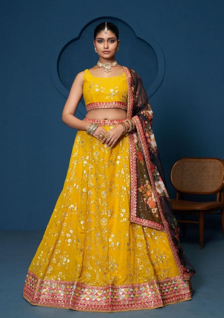 Yellow Sequin Work Georgette Lehenga Set - Indya