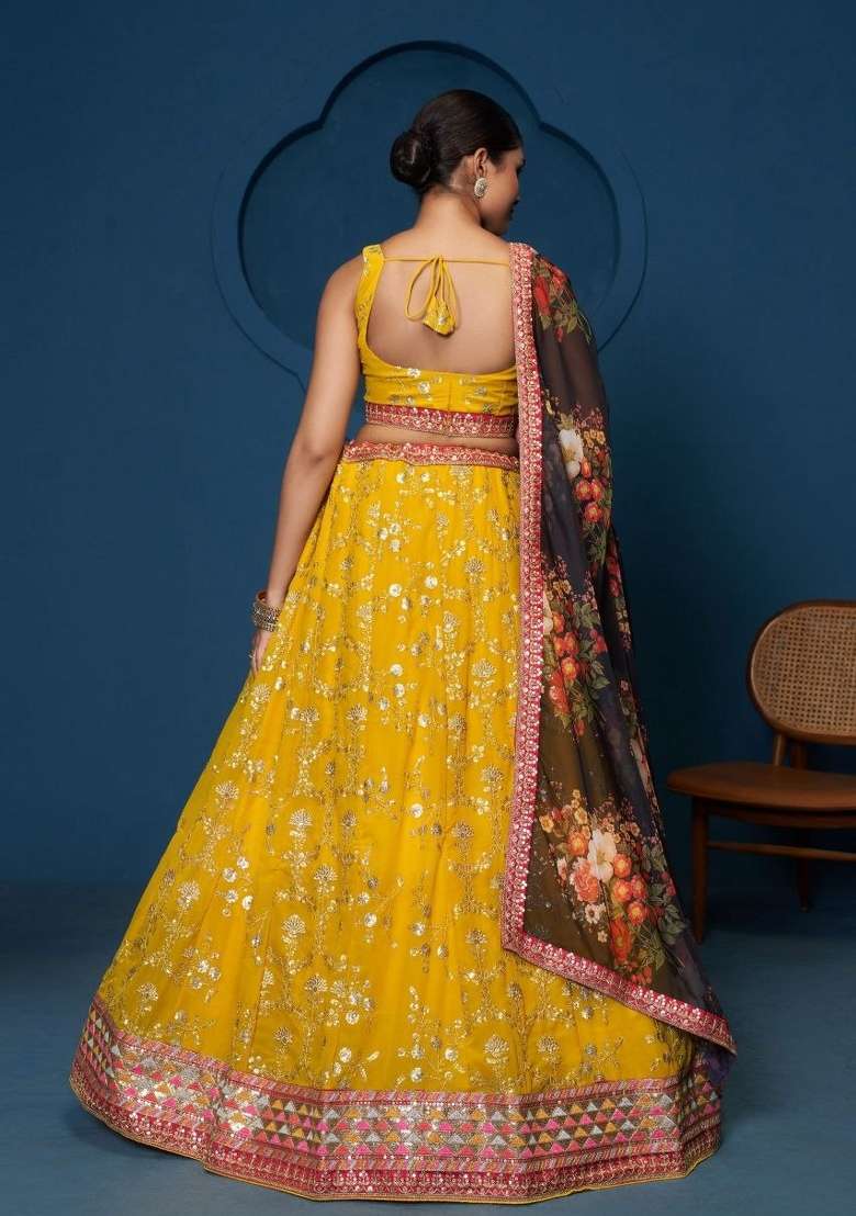Yellow Work Georgette Lehenga Set with Sequin for Diwali | Wedding & Festive Wear - Indya