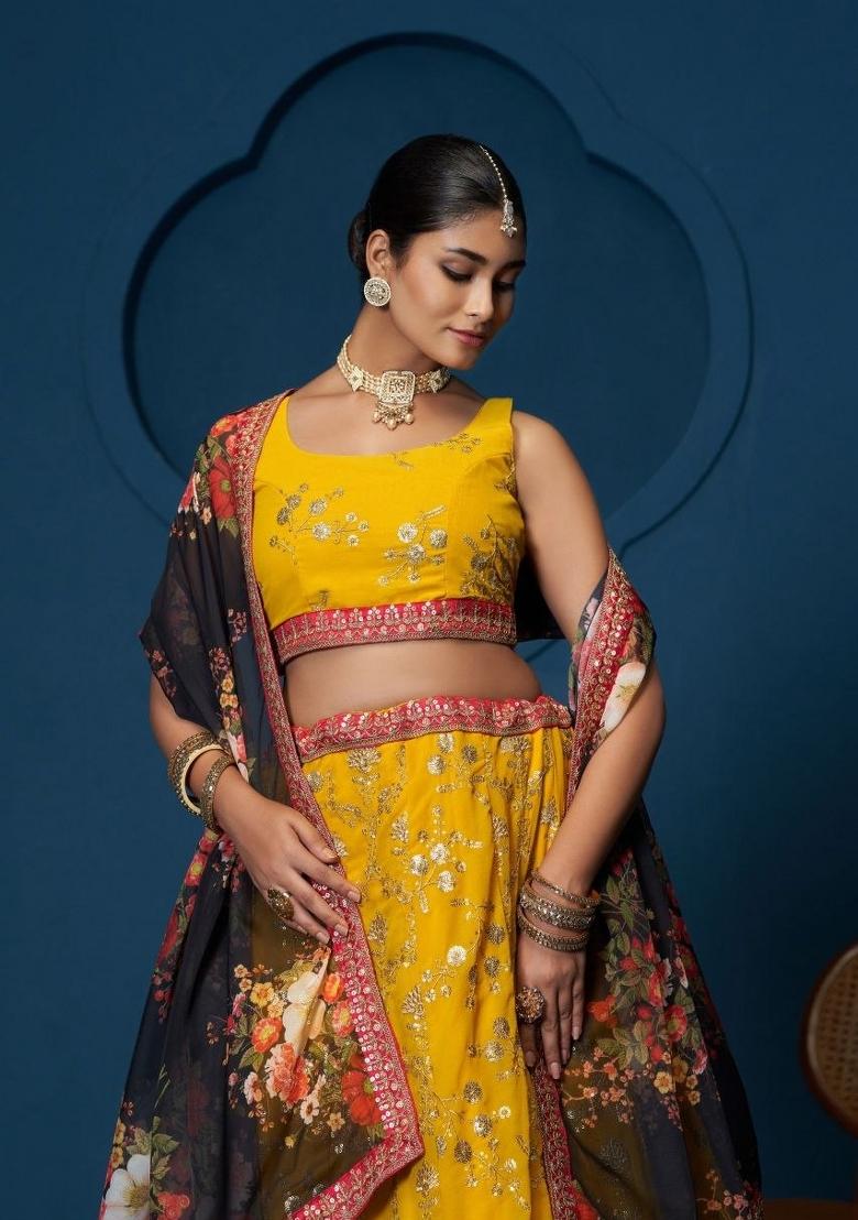 Yellow Sequin Work Georgette Lehenga Set - Indya