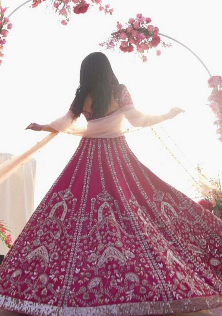 Pink Sequin Work Silk Lehenga Set - Indya