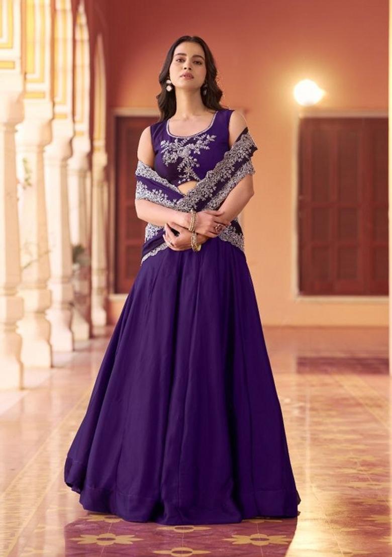 Purple Sequin Work Silk Lehenga Set - Indya