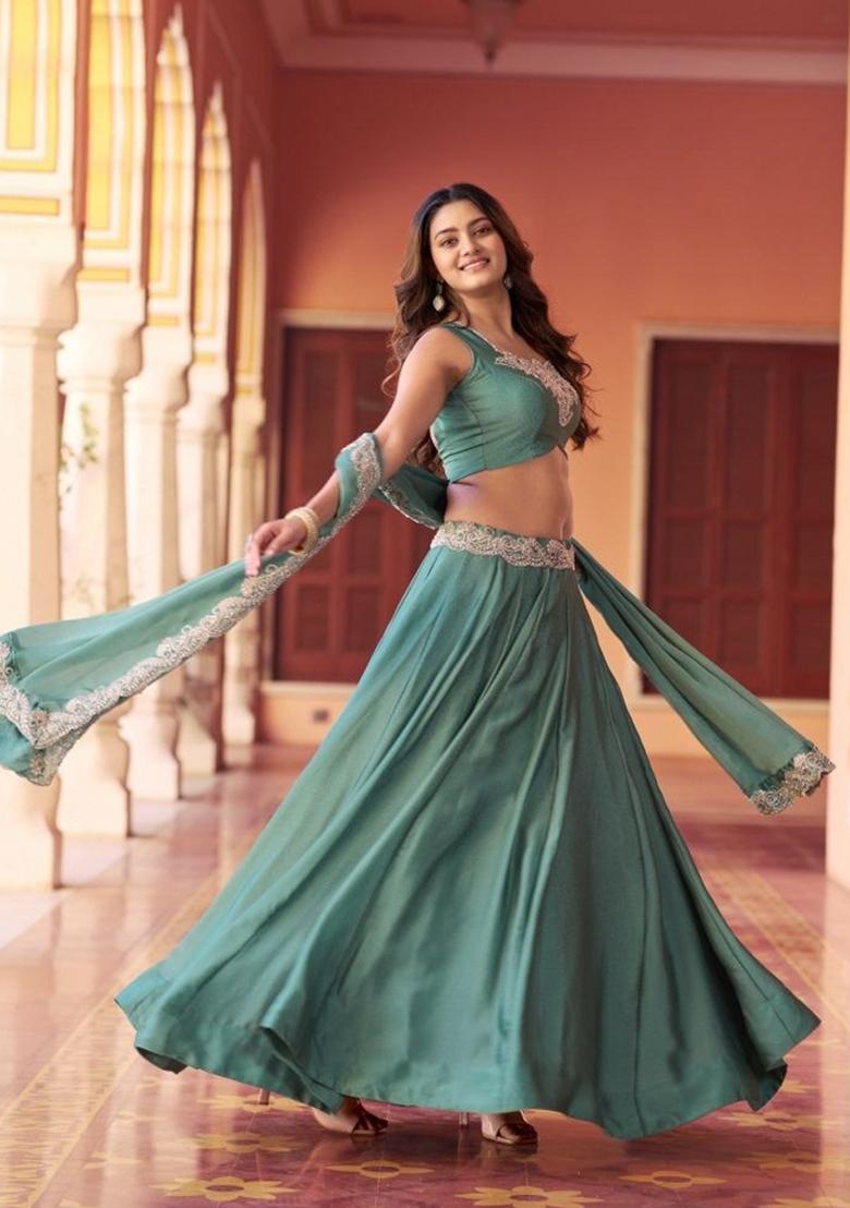 Blue Sequin Work Silk Lehenga Set - Indya