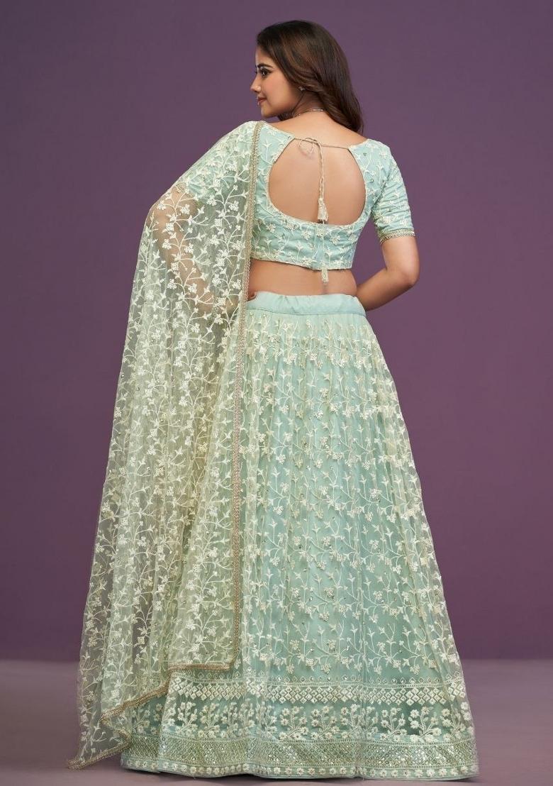 Green Sequin Work Net Lehenga Set - Indya