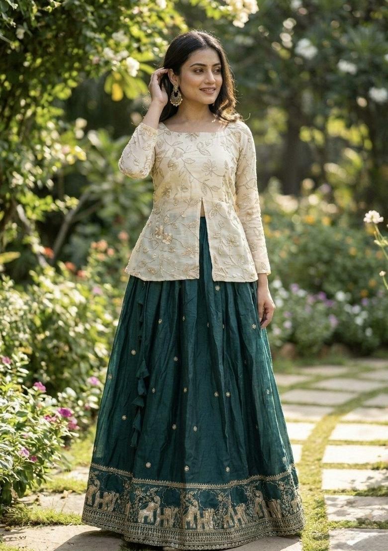 Green Embroidered Silk Lehenga Set - Indya