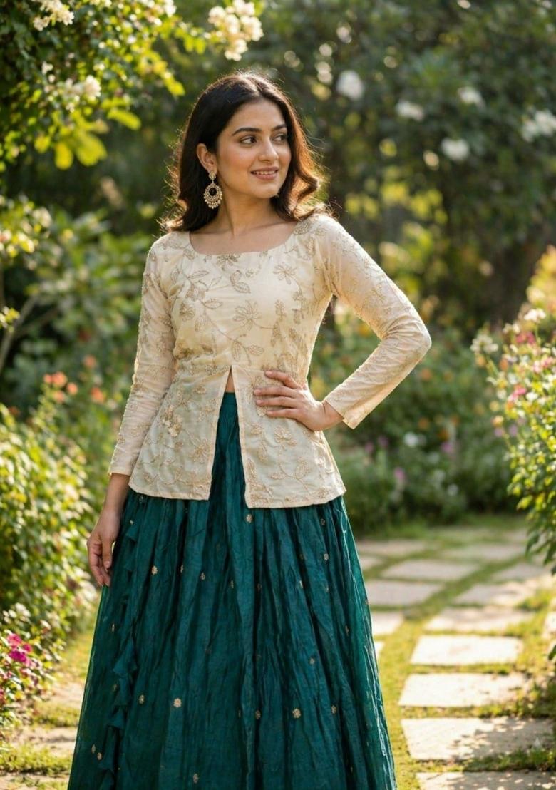 Green Embroidered Silk Lehenga Set - Indya