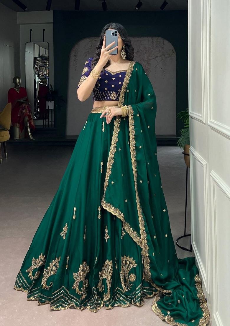 Green Sequin Work Silk Lehenga Set - Indya